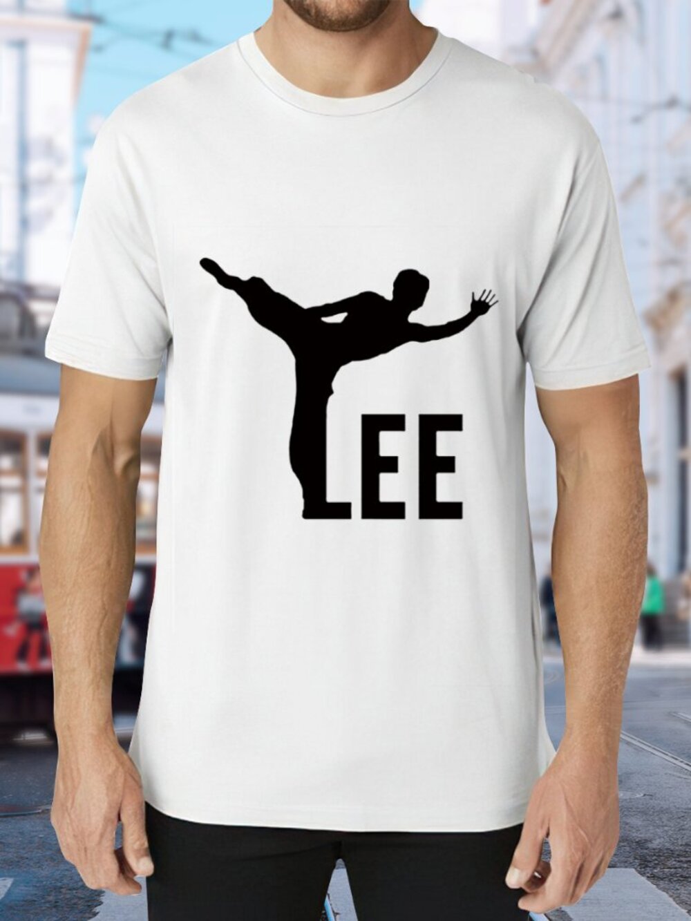 Lee White Short Sleeve Tee with Black Martial Arts Graphic